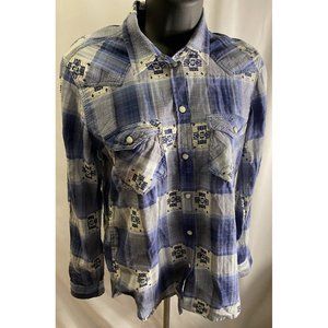 American Eagle Western Shirt Womens XS Blue White Plaid Boyfriend Fit Pearl Snap